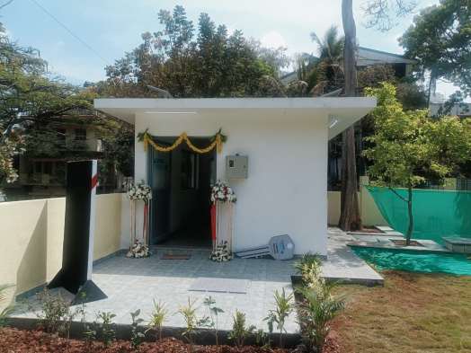 Completed utility structure with landscaped surroundings
