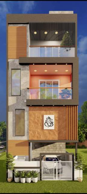 Architectural rendering of a residential building with compound wall and gated entry